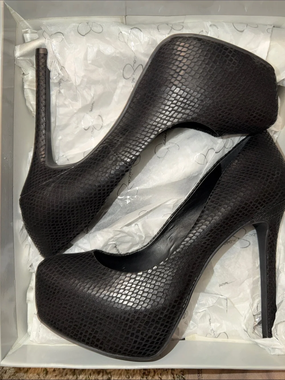 NIB Jessica Simpson Black Snake-Embossed Platform Stilettos